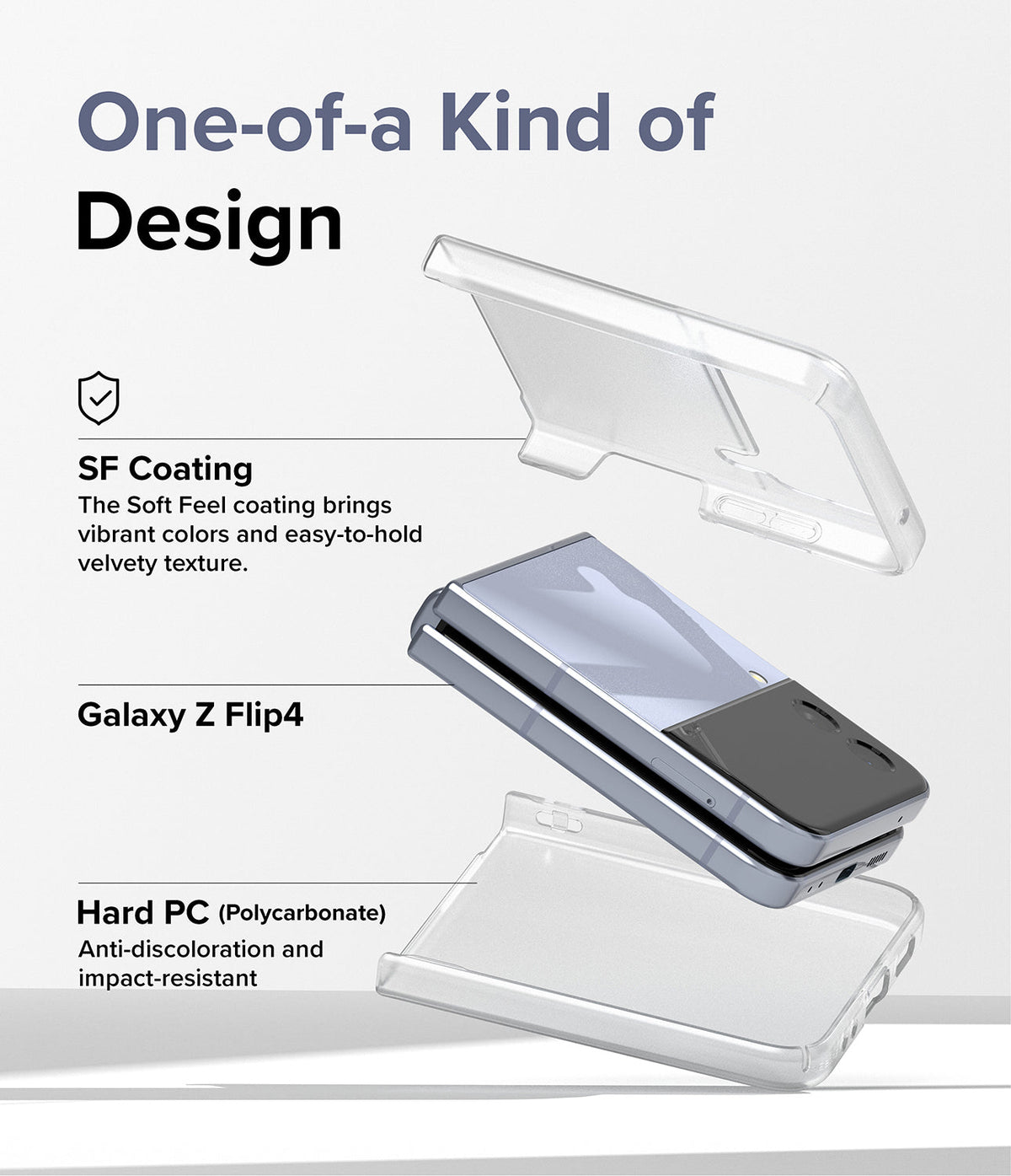 Galaxy Z Flip 4 Case | Slim - Exploded view of a Galaxy Z Flip 4 phone between two clear, protective case pieces.
