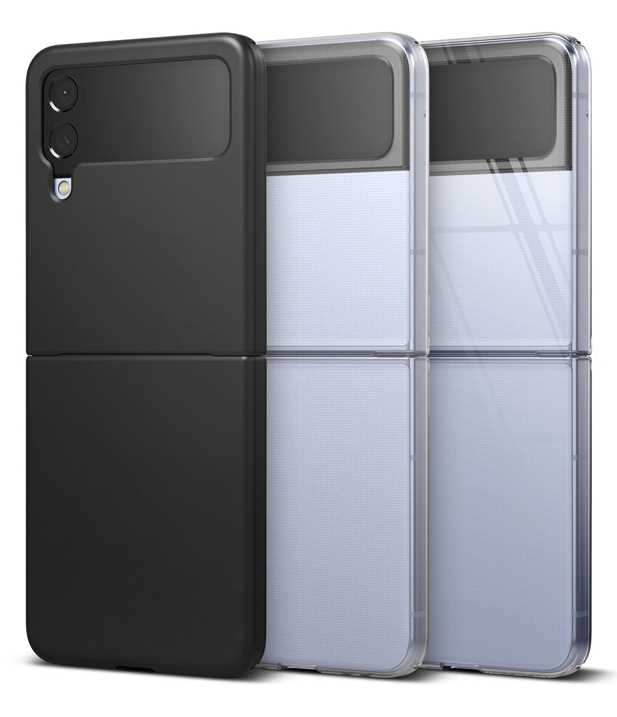 Galaxy Z Flip 4 Case | Slim - A black slim case on a Galaxy Z Flip 4 next to two clear-cased phones on a white background.