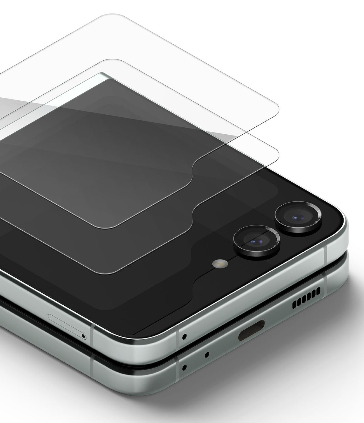 Galaxy Z Flip 5 Screen Protector | Cover Display Glass - Galaxy Z Flip 5 Screen Protector - A transparent glass cover floating above the folded Galaxy Z Flip 5 cover display.