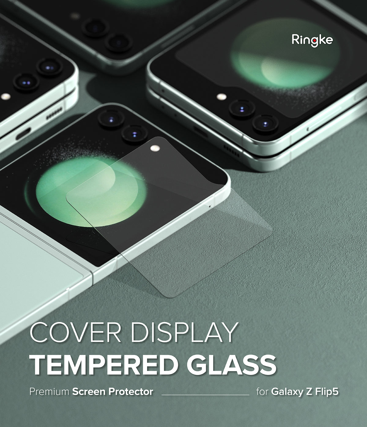 Galaxy Z Flip 5 Screen Protector | Cover Display Glass - Galaxy Z Flip 5 Screen Protector - Tempered glass protector hovering over the cover display of a folded Galaxy Z Flip 5.