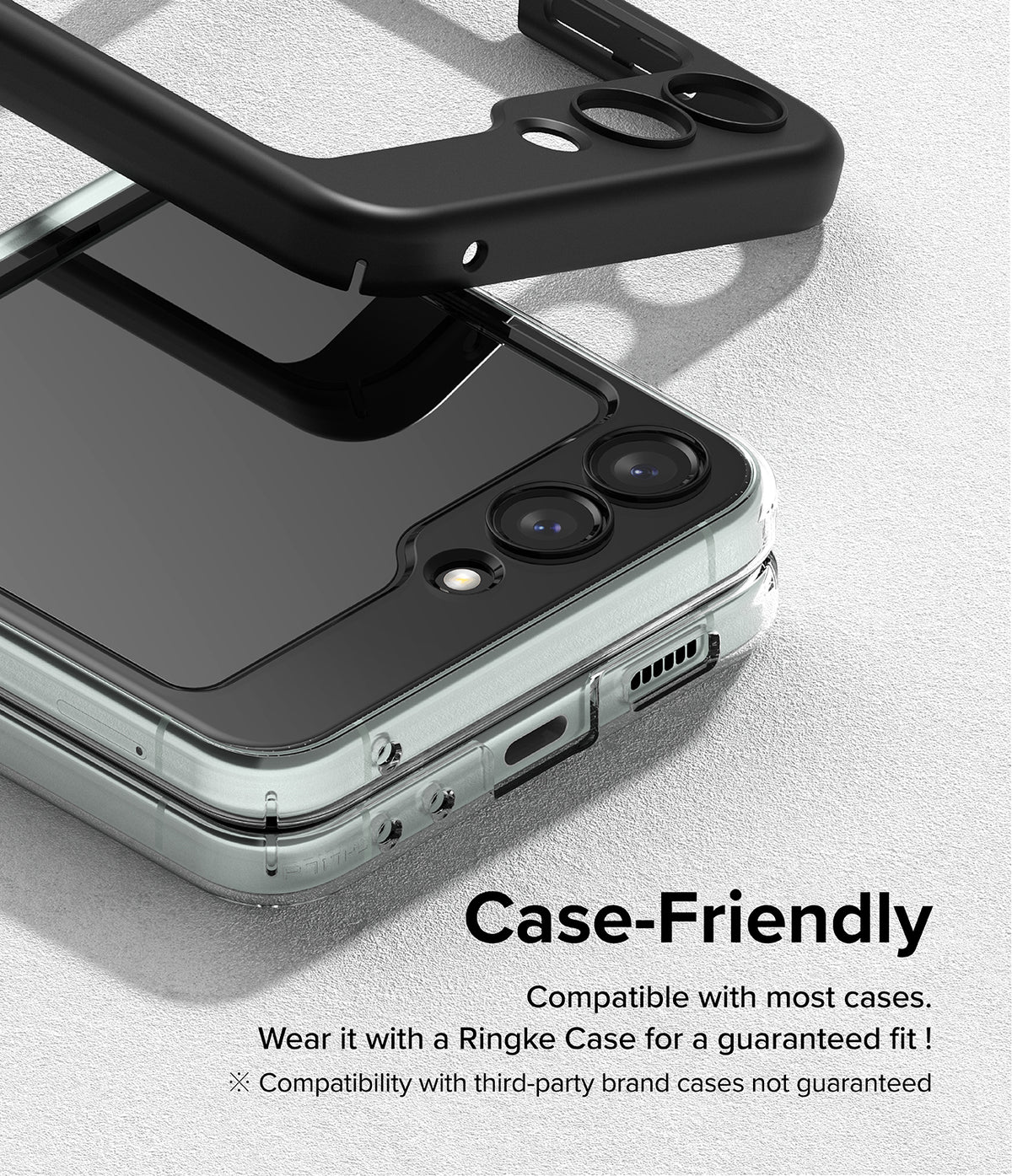 Galaxy Z Flip 5 Screen Protector | Cover Display Glass - Galaxy Z Flip 5 Screen Protector - A black protective glass cover aligned above a folded Galaxy Z Flip 5 phone.