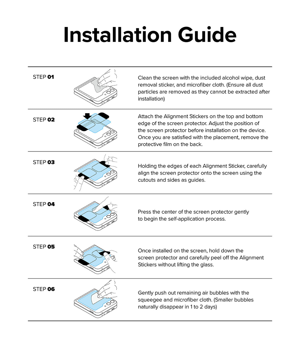 Galaxy Z Flip 5 Screen Protector | Cover Display Glass - Galaxy Z Flip 5 Screen Protector - Six-step illustrated guide showing how to clean, align, and apply the glass cover.