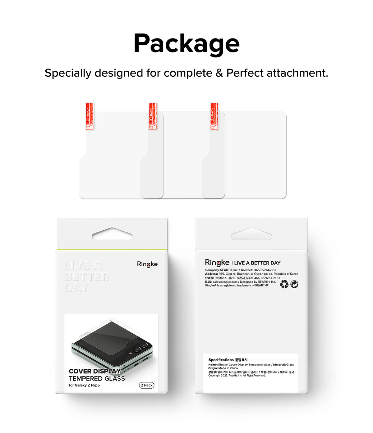 Galaxy Z Flip 5 Screen Protector | Cover Display Glass - Galaxy Z Flip 5 Screen Protector - Three clear screen protectors above two white product boxes for Galaxy Z Flip 5.