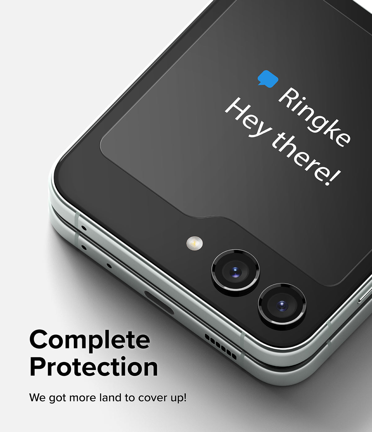 Galaxy Z Flip 5 Screen Protector | Cover Display Glass - Galaxy Z Flip 5 Screen Protector - Glass cover applied to the Galaxy Z Flip 5 outer display with camera cutouts.