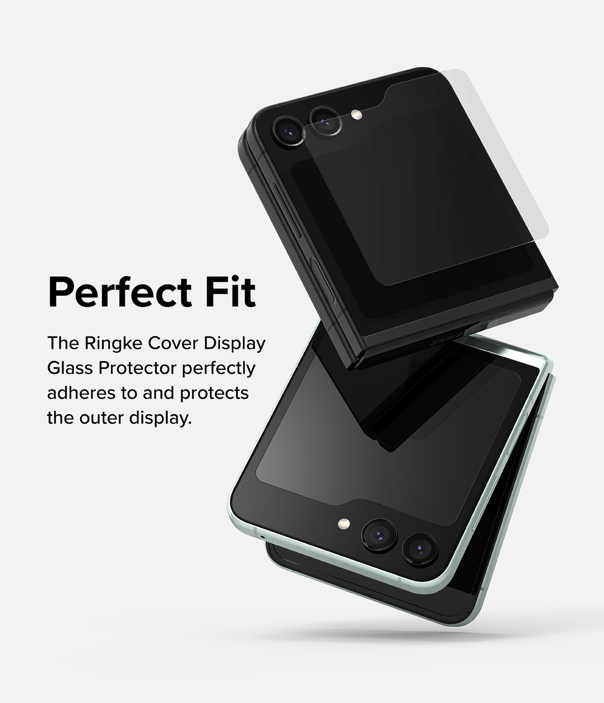 Galaxy Z Flip 5 Screen Protector | Cover Display Glass - Galaxy Z Flip 5 Screen Protector - Glass protector being applied to the cover display of a Galaxy Z Flip 5 smartphone.