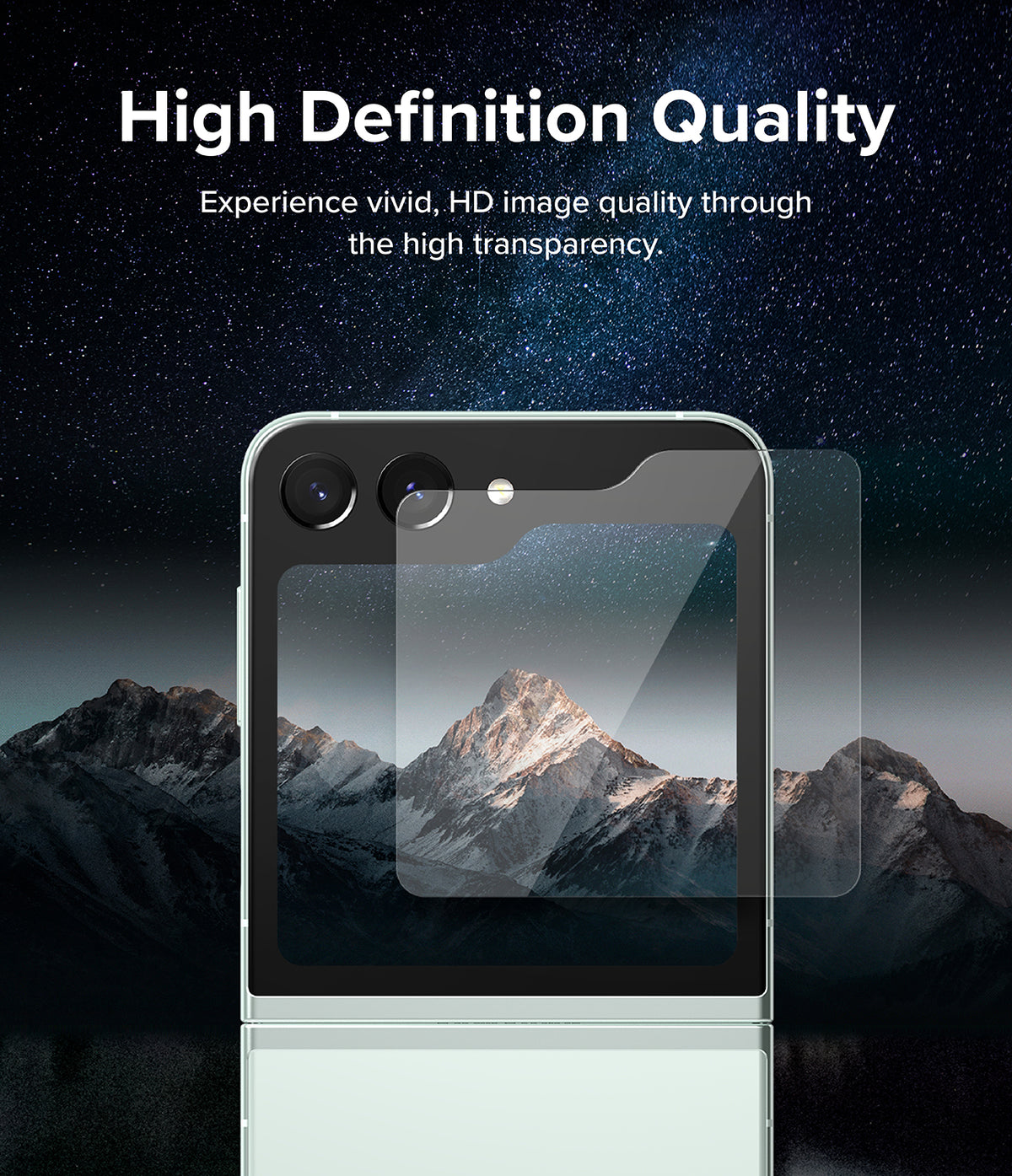 Galaxy Z Flip 5 Screen Protector | Cover Display Glass - Galaxy Z Flip 5 Screen Protector - A clear glass protector hovering over a Galaxy Z Flip 5 against a starry mountain backdrop.
