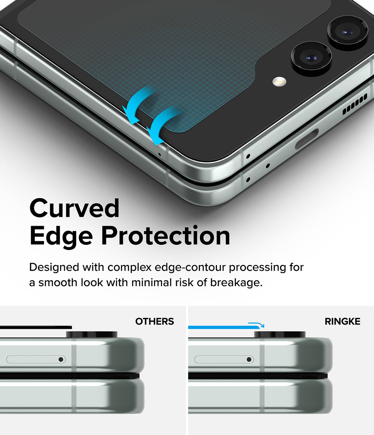 Galaxy Z Flip 5 Screen Protector | Cover Display Glass - Galaxy Z Flip 5 Screen Protector - Glass cover with curved edges shown on a phone, comparing Ringke fit to standard flat.