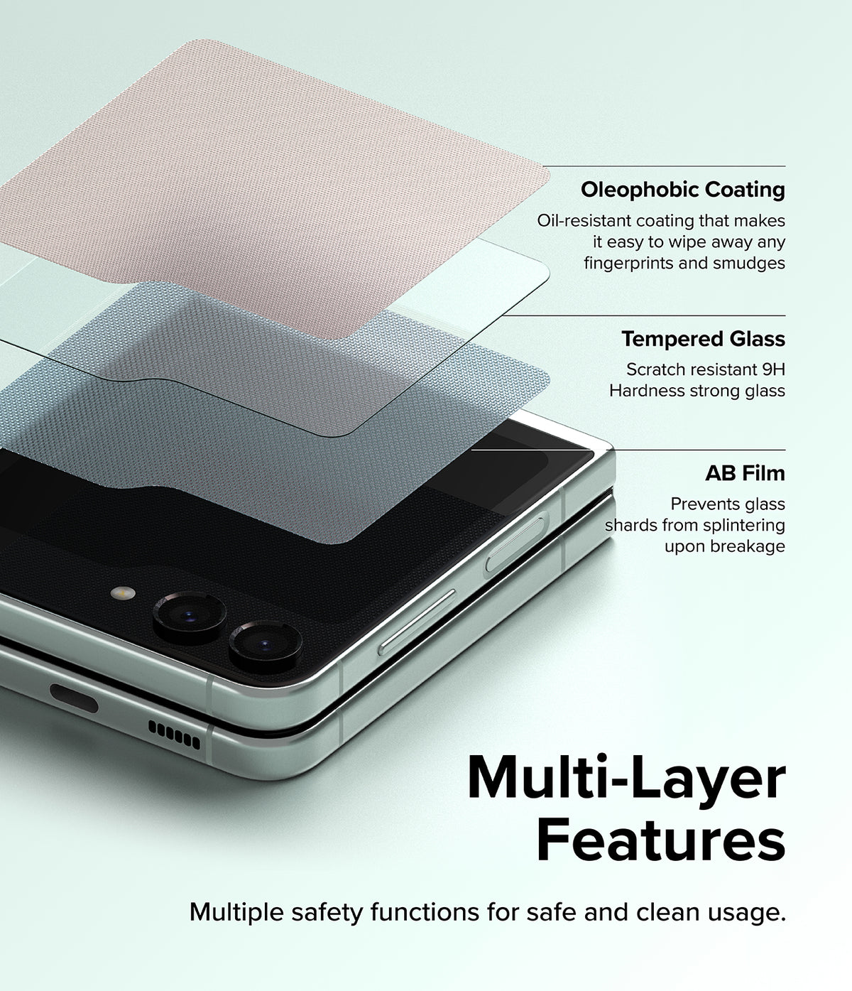 Galaxy Z Flip 5 Screen Protector | Cover Display Glass - Galaxy Z Flip 5 Screen Protector - Exploded view showing oleophobic coating, tempered glass, and AB film layers.