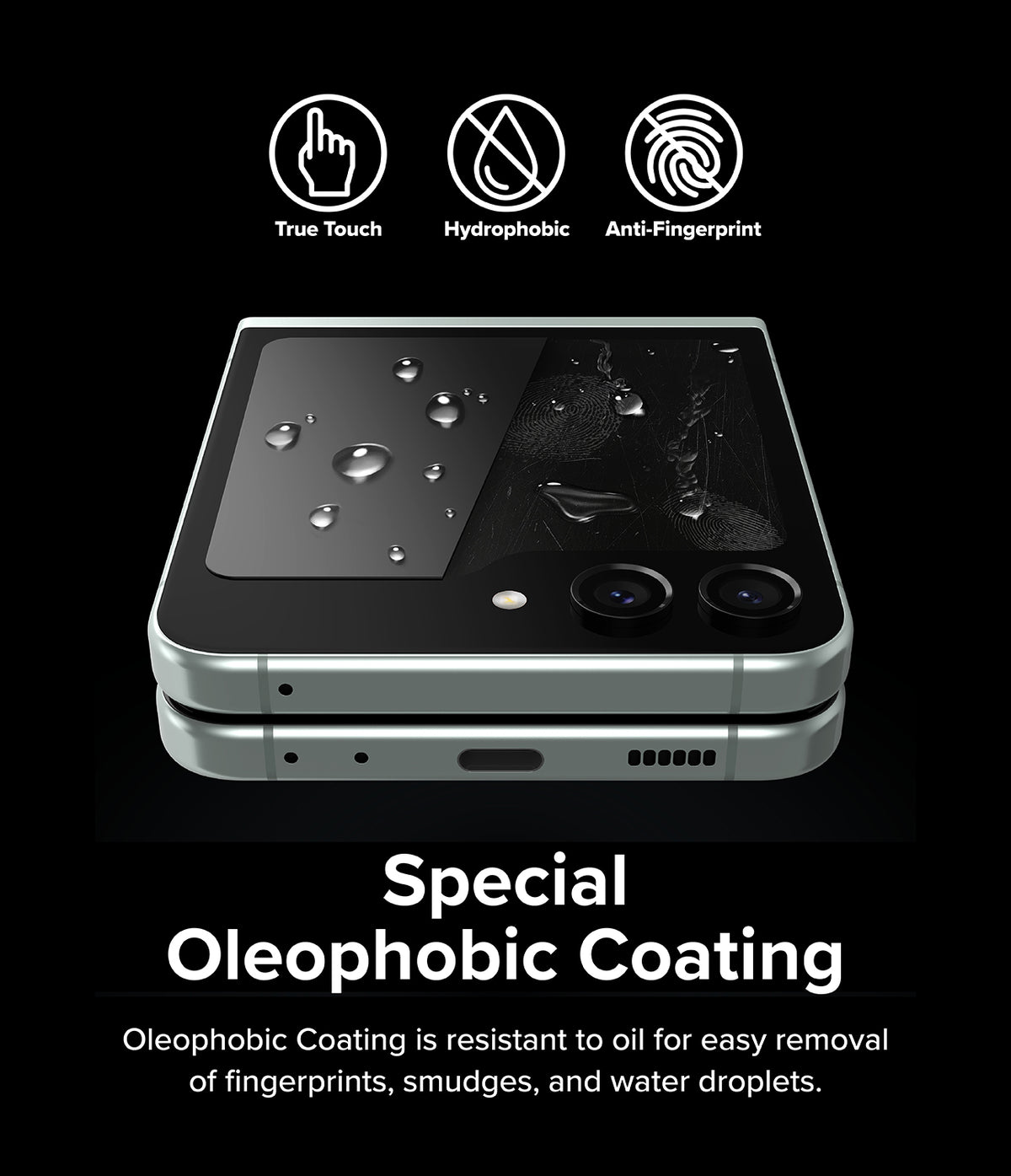 Galaxy Z Flip 5 Screen Protector | Cover Display Glass - Galaxy Z Flip 5 Screen Protector - Folded phone showing water-repellent and anti-fingerprint screen coating features.