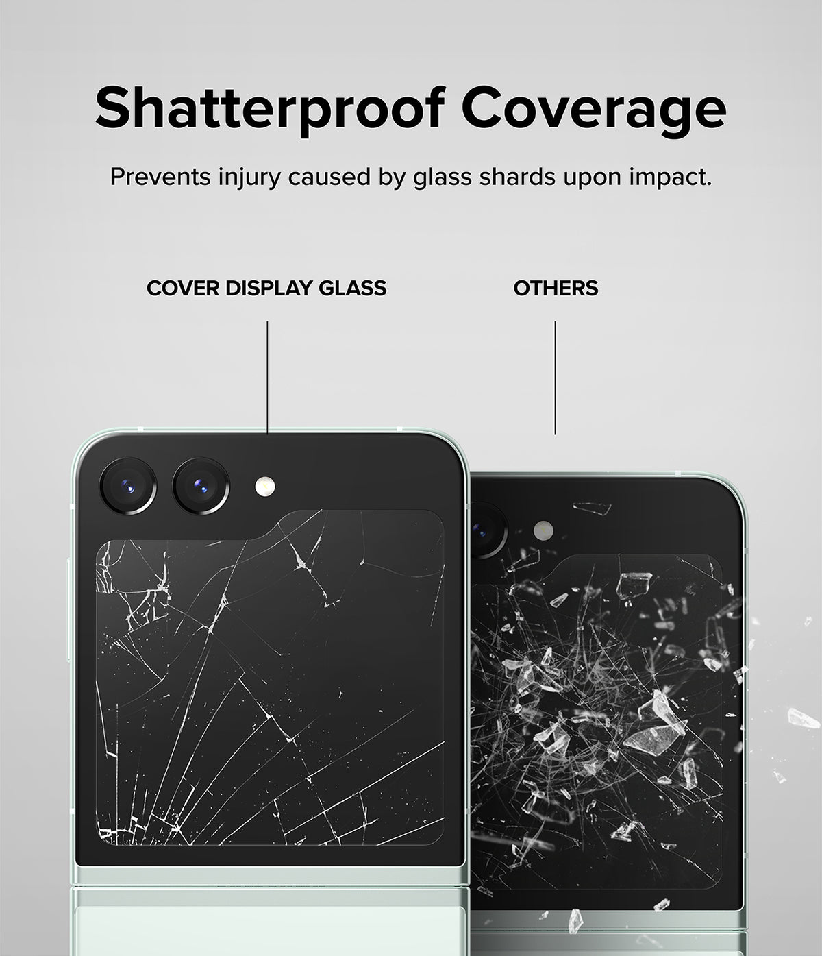 Galaxy Z Flip 5 Screen Protector | Cover Display Glass - Galaxy Z Flip 5 Screen Protector - Comparison showing shattered screen protector holding together versus loose shards.