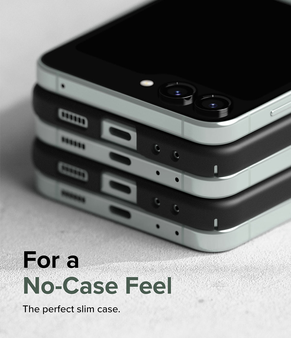 Galaxy Z Flip 5 Case | Slim - Stack of two Galaxy Z Flip 5 phones in slim black cases showing precise port cutouts.