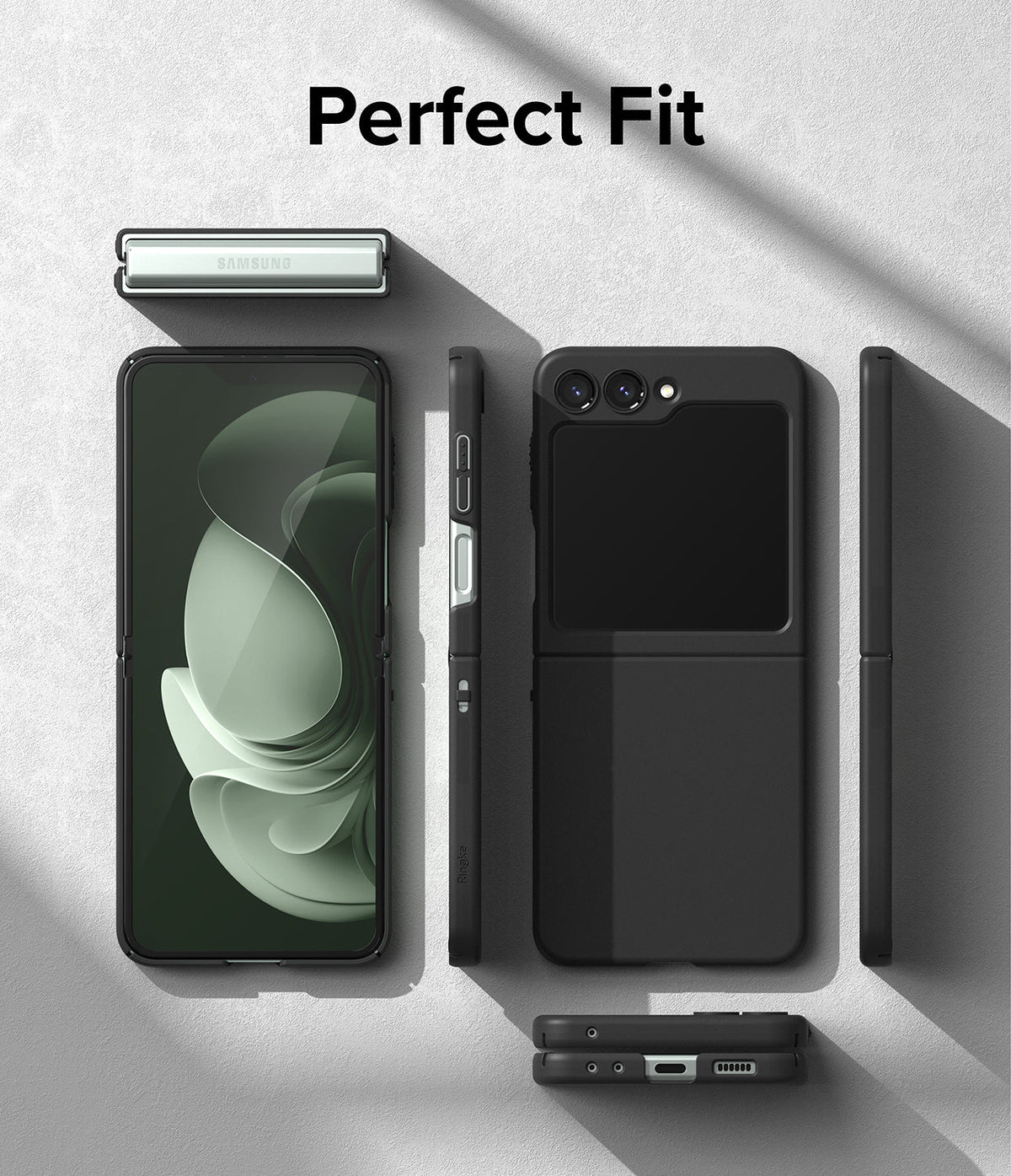 Galaxy Z Flip 5 Case | Slim - Black slim case for Galaxy Z Flip 5 shown from multiple angles on a textured gray background.