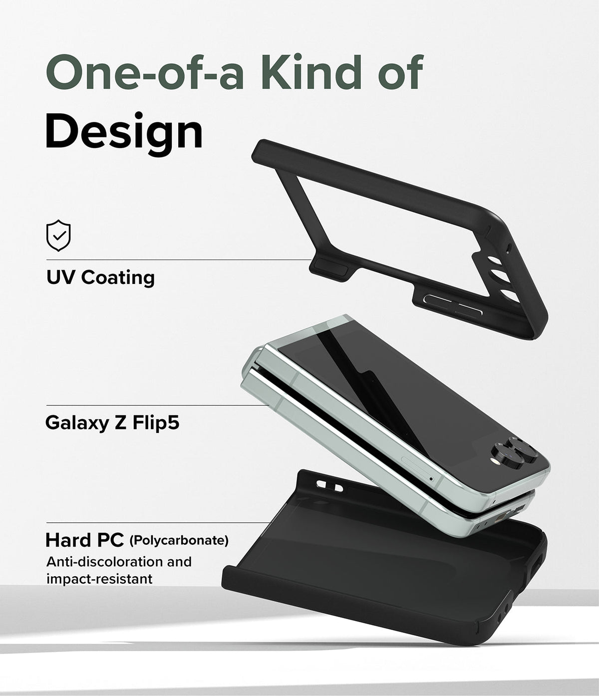 Galaxy Z Flip 5 Case | Slim - Exploded view of a Galaxy Z Flip 5 phone between two black protective case pieces.