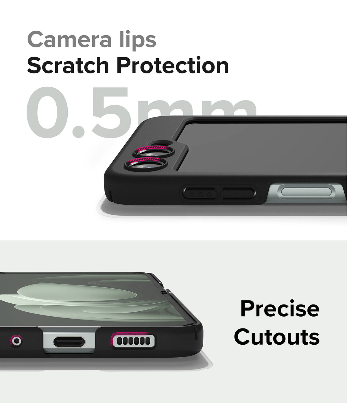 Galaxy Z Flip 5 Case | Slim - Close-up of phone case showing 0.5mm camera protection lips and precise port cutouts.