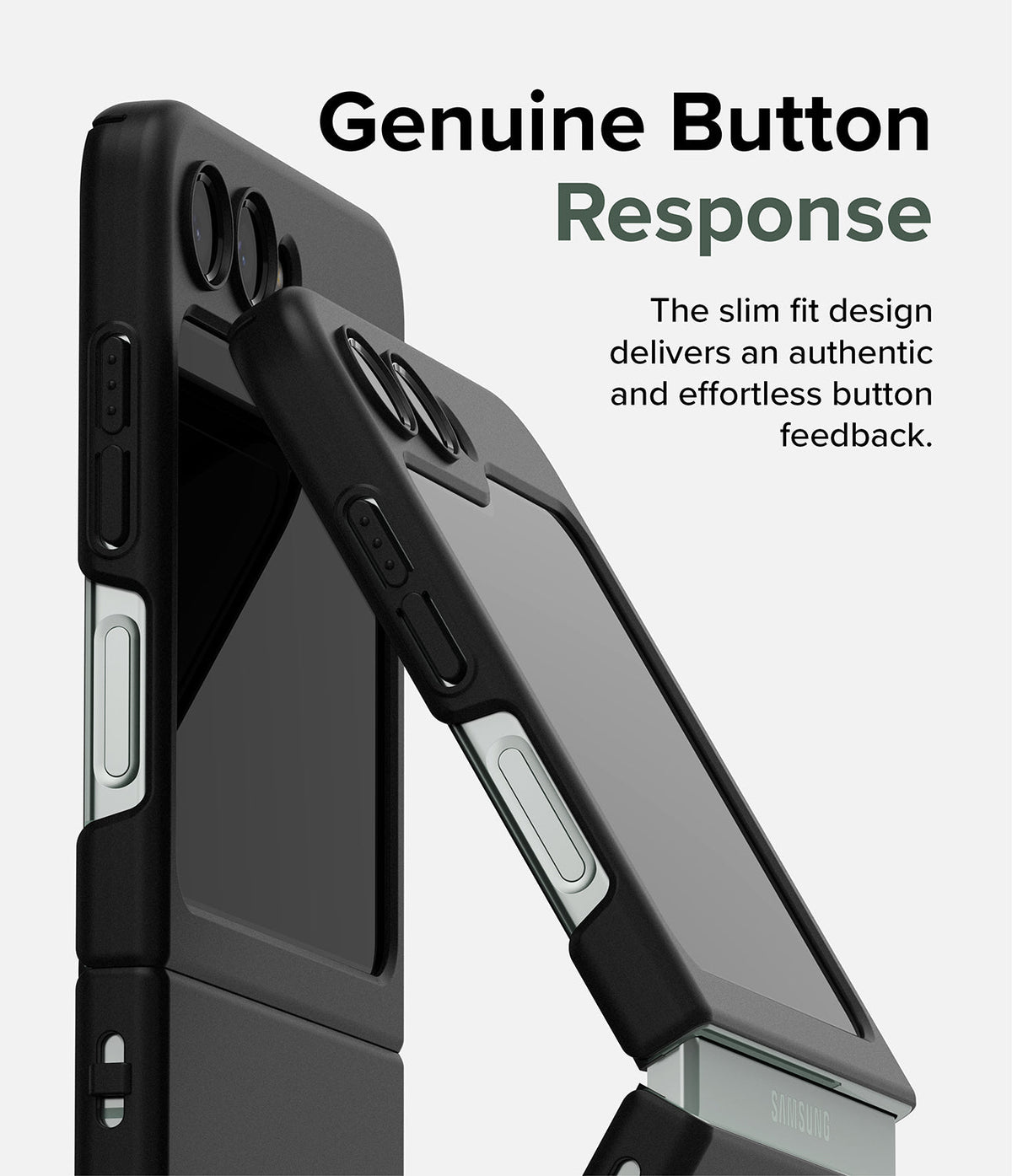 Galaxy Z Flip 5 Case | Slim - Close-up of a black slim phone case showing precise cutouts for buttons on a Galaxy Z Flip 5.