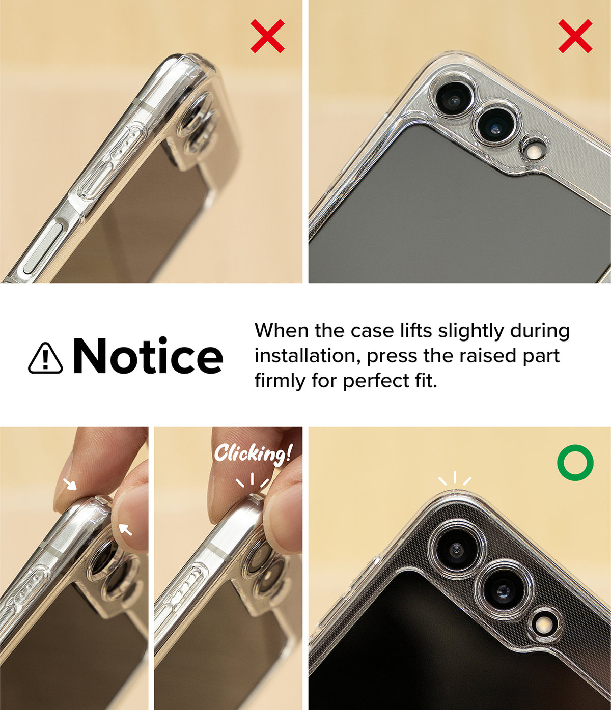 Galaxy Z Flip 5 Case | Slim Hinge Magnetic - Instructions showing how to press down a lifted phone case for a secure fit.
