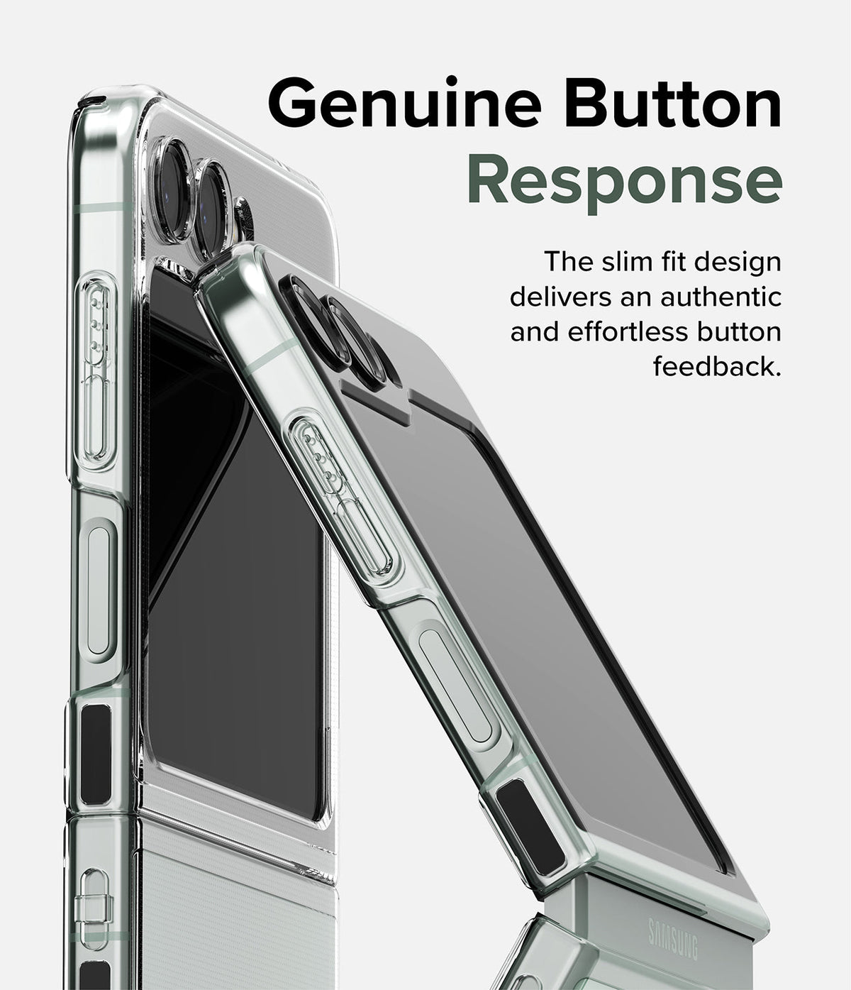 Galaxy Z Flip 5 Case | Slim - A clear, slim-fit case on a Galaxy Z Flip 5 showing precise button cutouts and design.