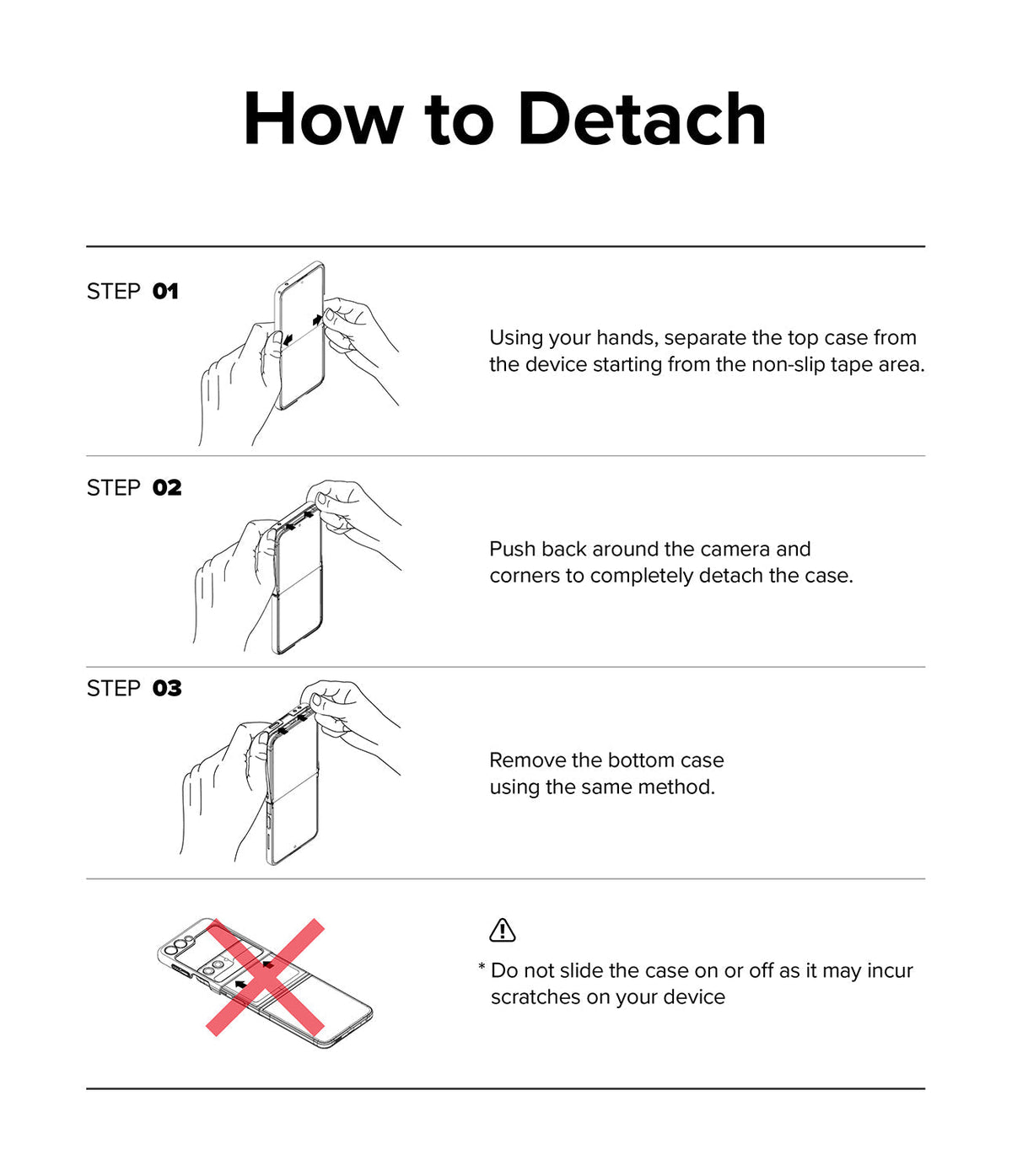 Galaxy Z Flip 5 Case | Slim - Three-step diagram showing how to detach the phone case by lifting corners, with a warning against sliding.