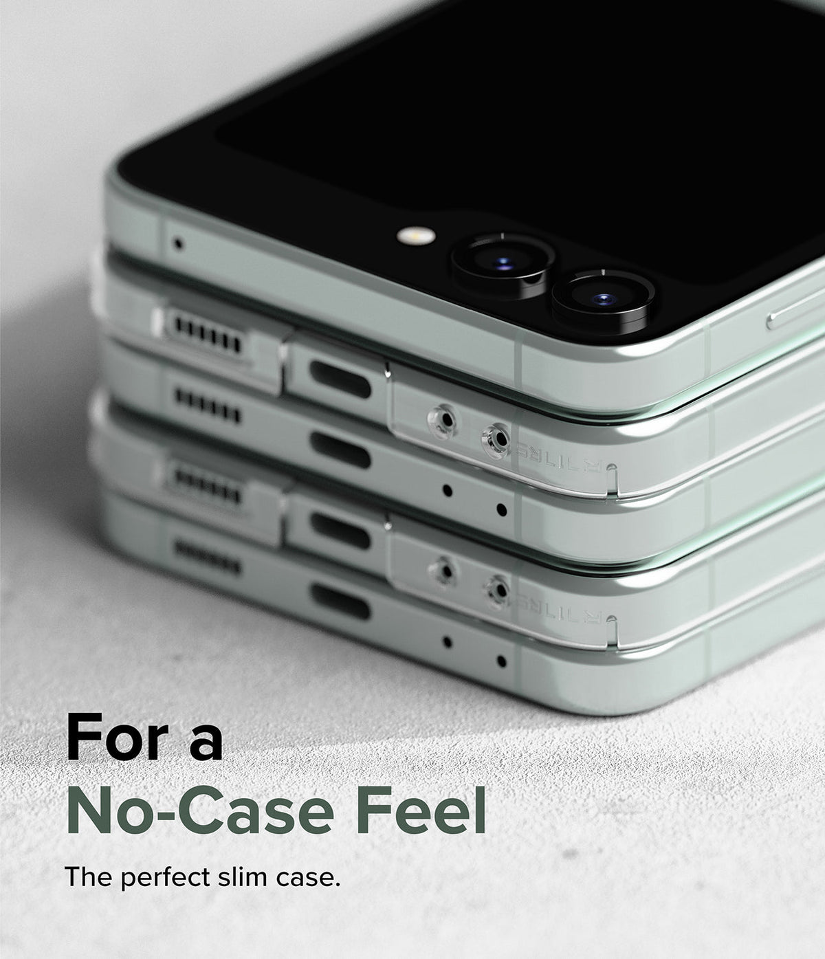 Galaxy Z Flip 5 Case | Slim - A stack of folded Galaxy Z Flip 5 phones in slim, clear cases showing precise port cutouts.