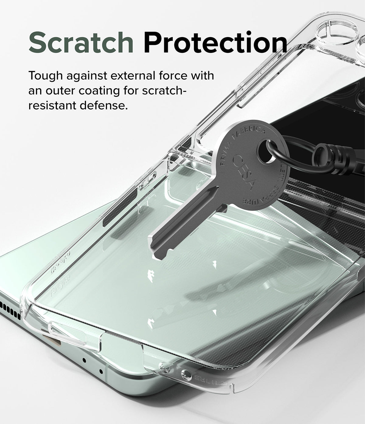 Galaxy Z Flip 5 Case | Slim - A metal key scratches against a clear phone case on a light green Galaxy Z Flip 5.