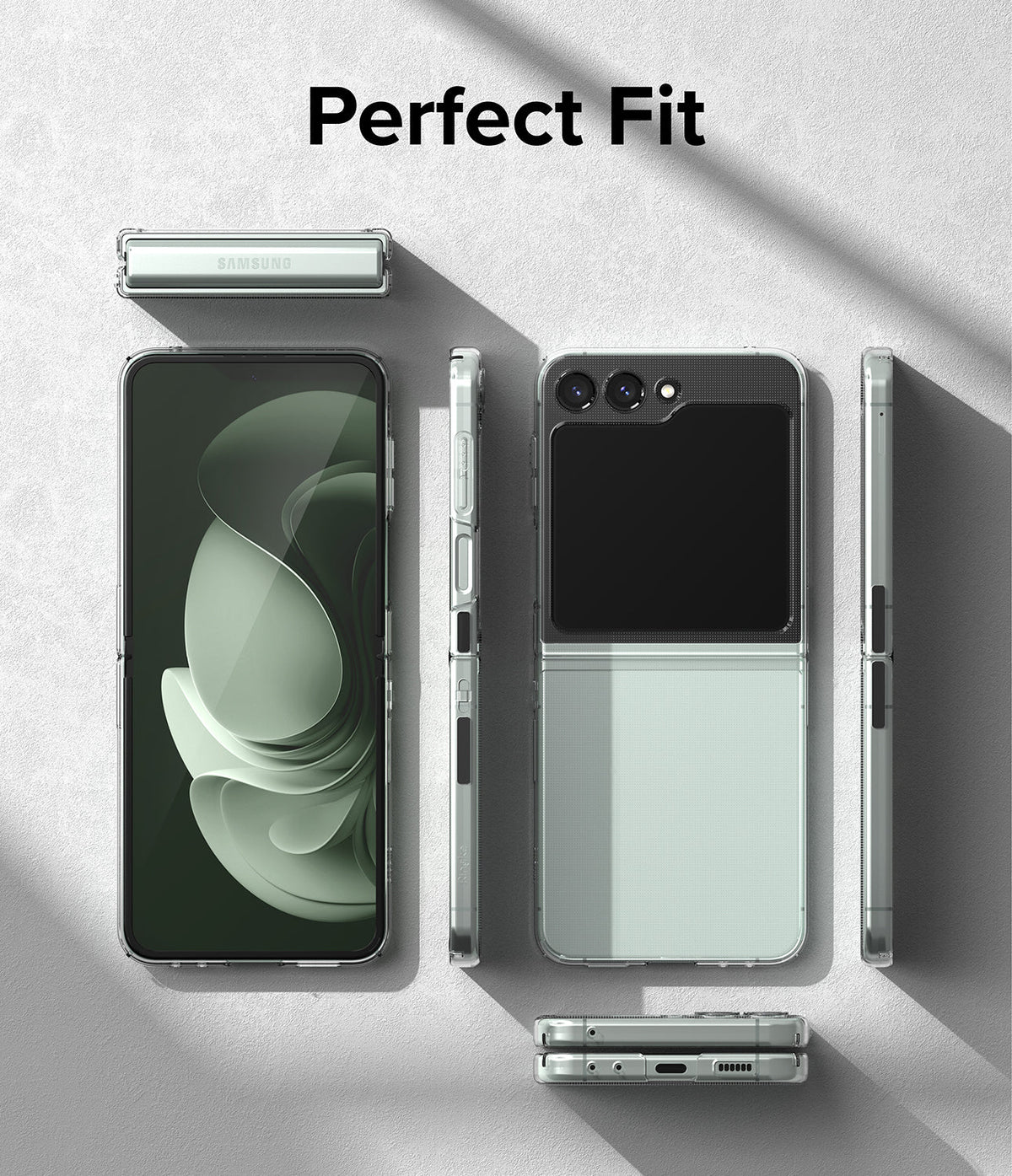 Galaxy Z Flip 5 Case | Slim - Clear phone case shown on a Galaxy Z Flip 5 in open, closed, and side profile views.