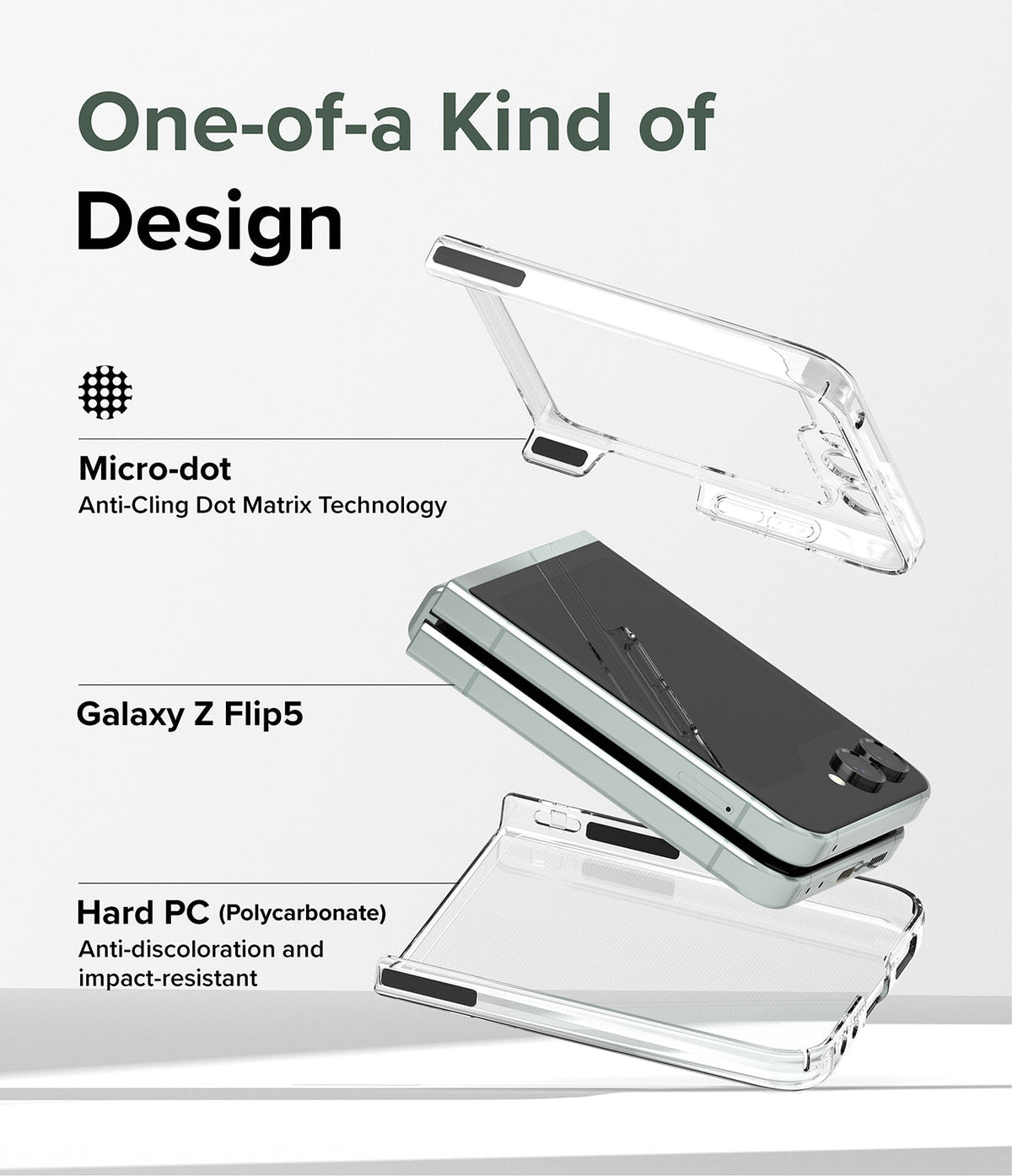 Galaxy Z Flip 5 Case | Slim - Exploded view of a clear phone case and Galaxy Z Flip 5 highlighting micro-dot and PC material.