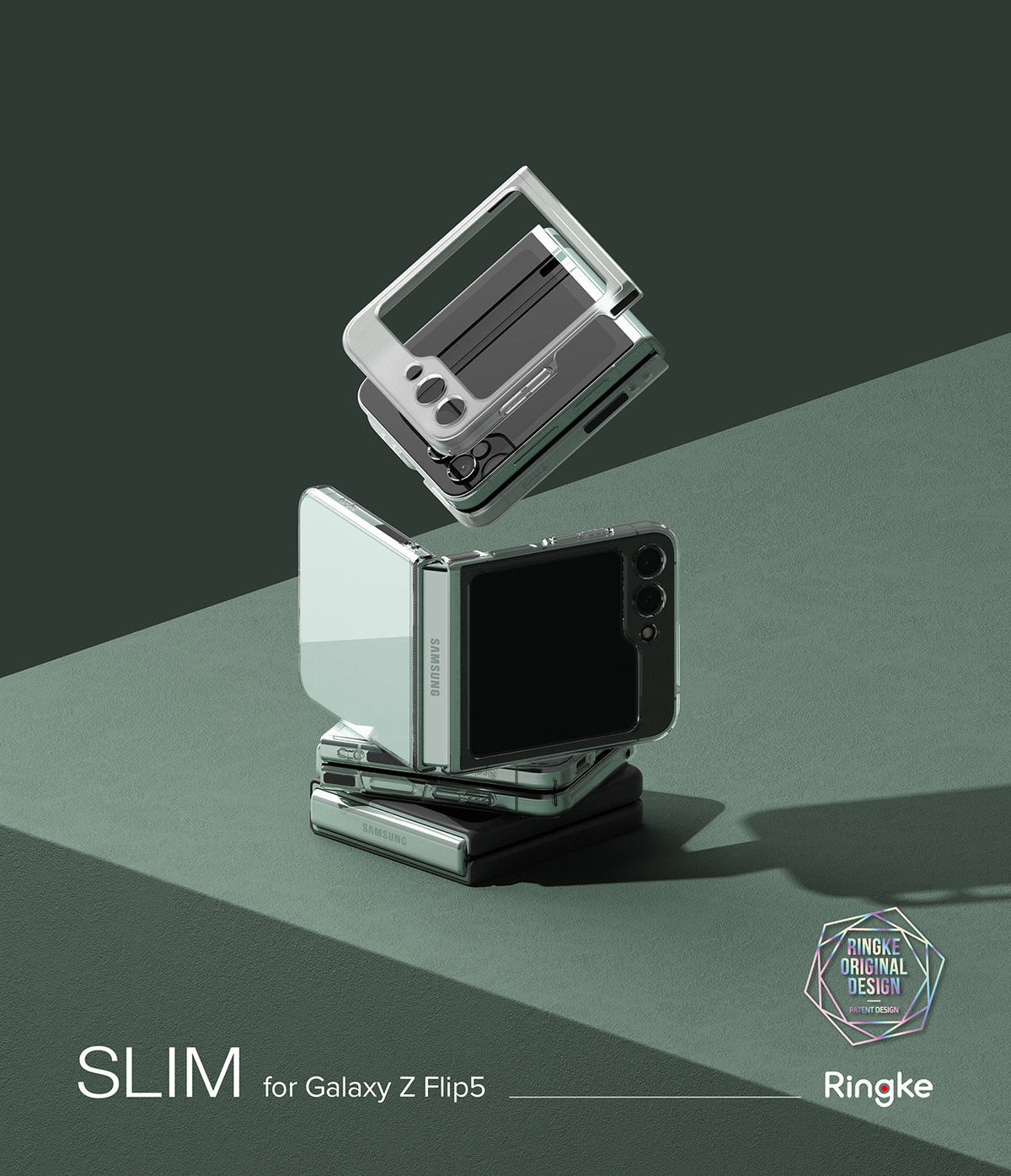 Galaxy Z Flip 5 Case | Slim - Clear protective case components floating above stacked Galaxy Z Flip 5 phones on a green surface.