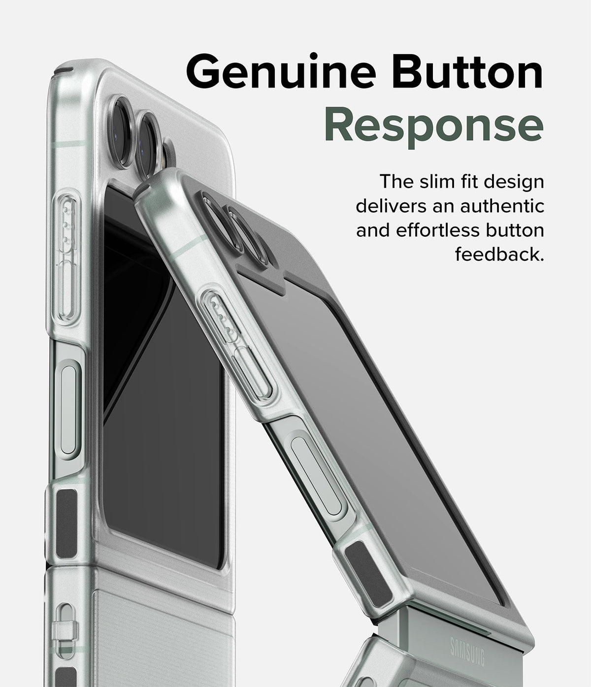 Galaxy Z Flip 5 Case | Slim - A silver Galaxy Z Flip 5 in a slim case showing precise button cutouts and tactile feedback.