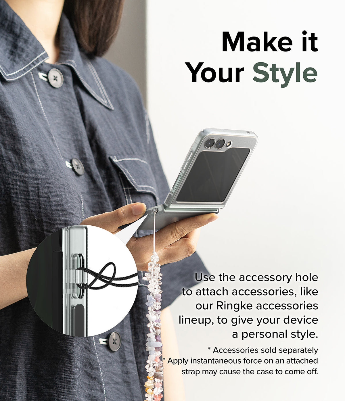 Galaxy Z Flip 5 Case | Slim - Person holding a Galaxy Z Flip 5 with a beaded strap attached to the case's built-in accessory hole.