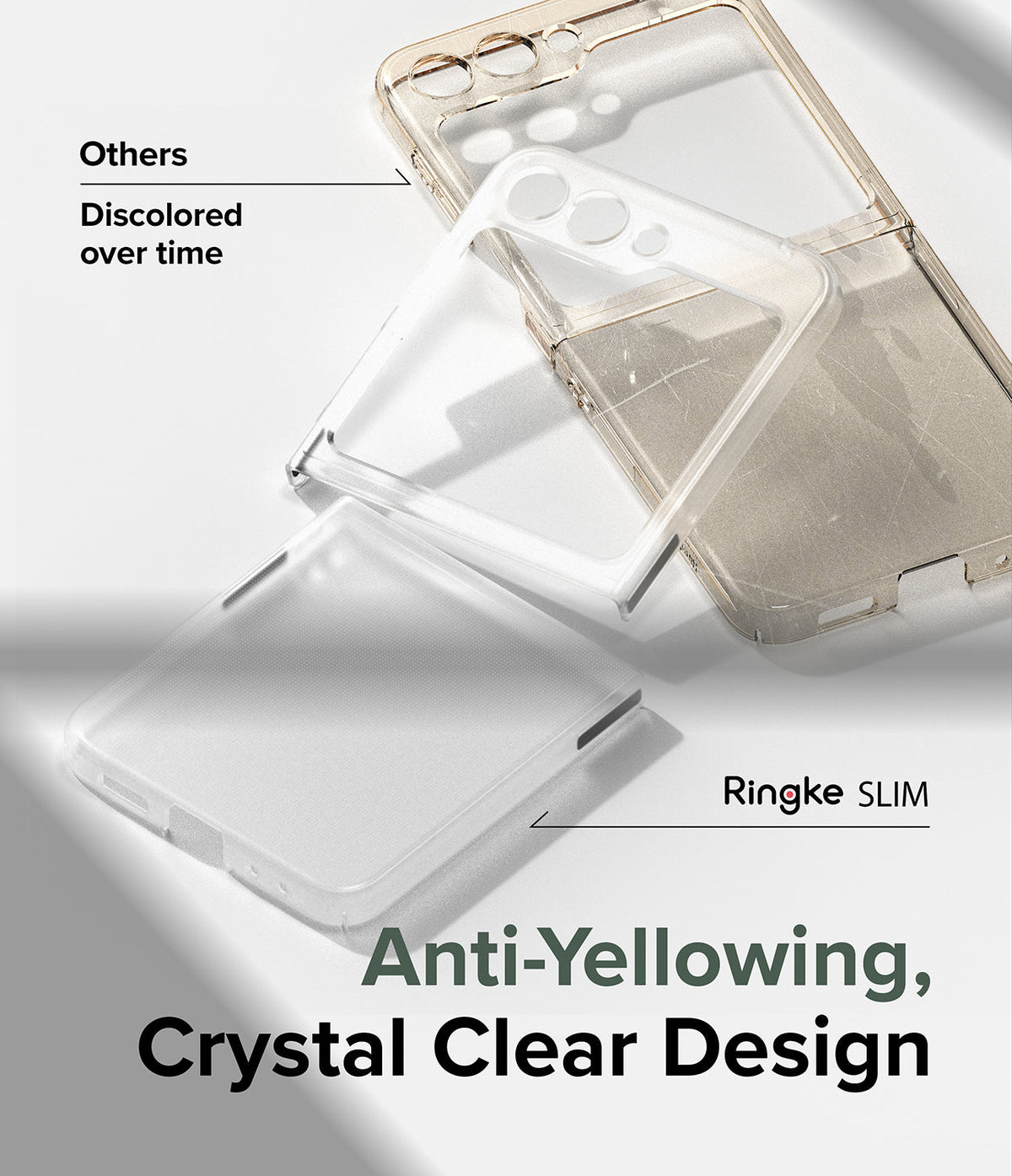 Galaxy Z Flip 5 Case | Slim - Comparison of a yellowed generic phone case versus a clear, anti-yellowing Ringke Slim case.