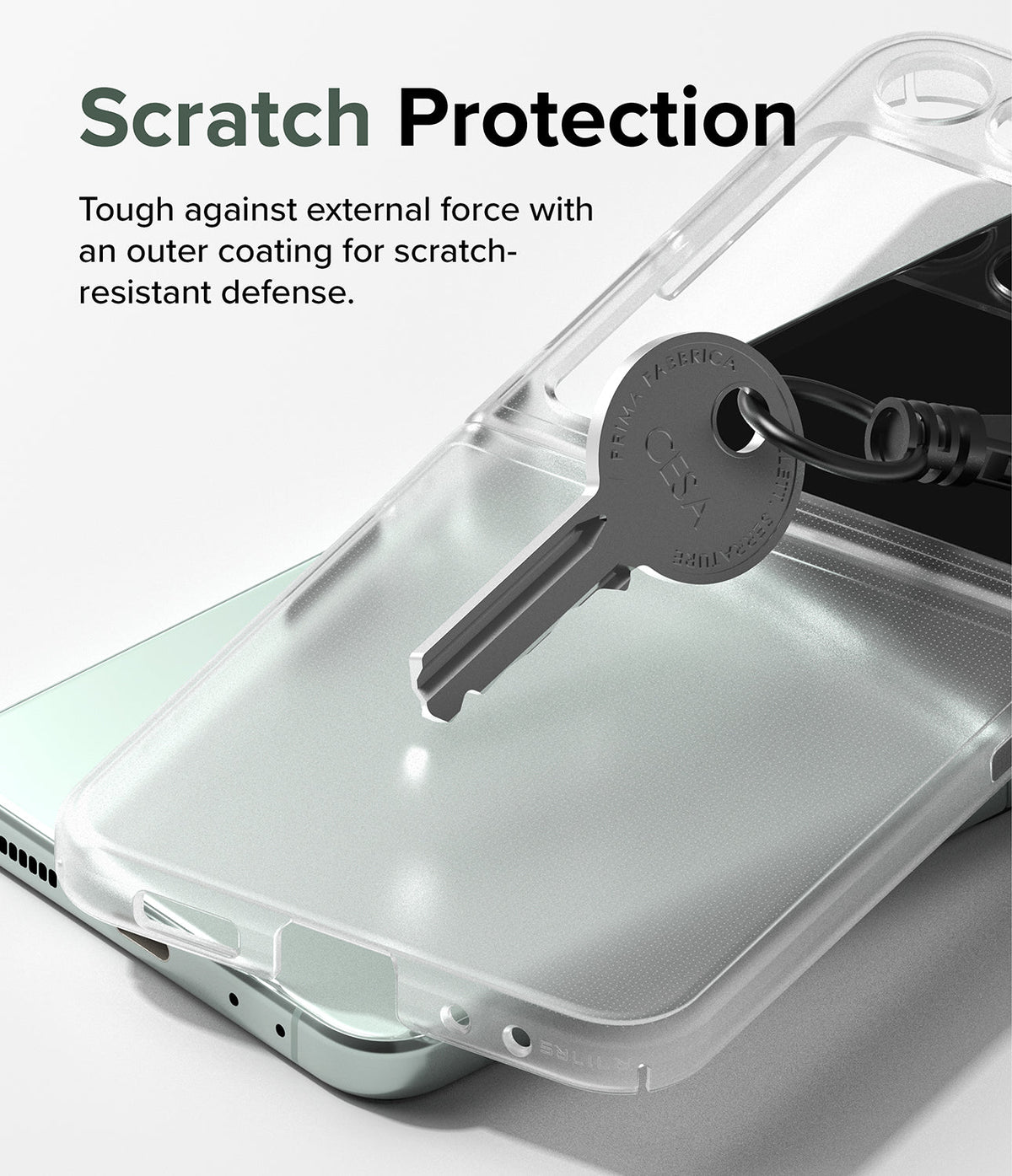 Galaxy Z Flip 5 Case | Slim - A metal key scratches the surface of a clear phone case on a Galaxy Z Flip 5.