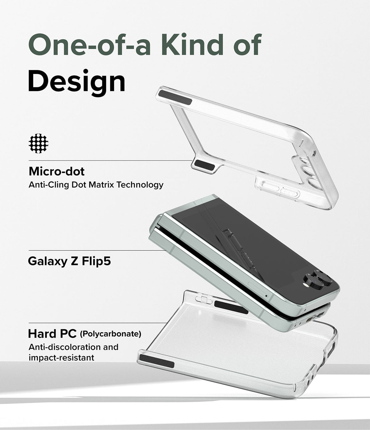 Galaxy Z Flip 5 Case | Slim - Exploded view of a Galaxy Z Flip 5 phone and its two-piece clear protective case.