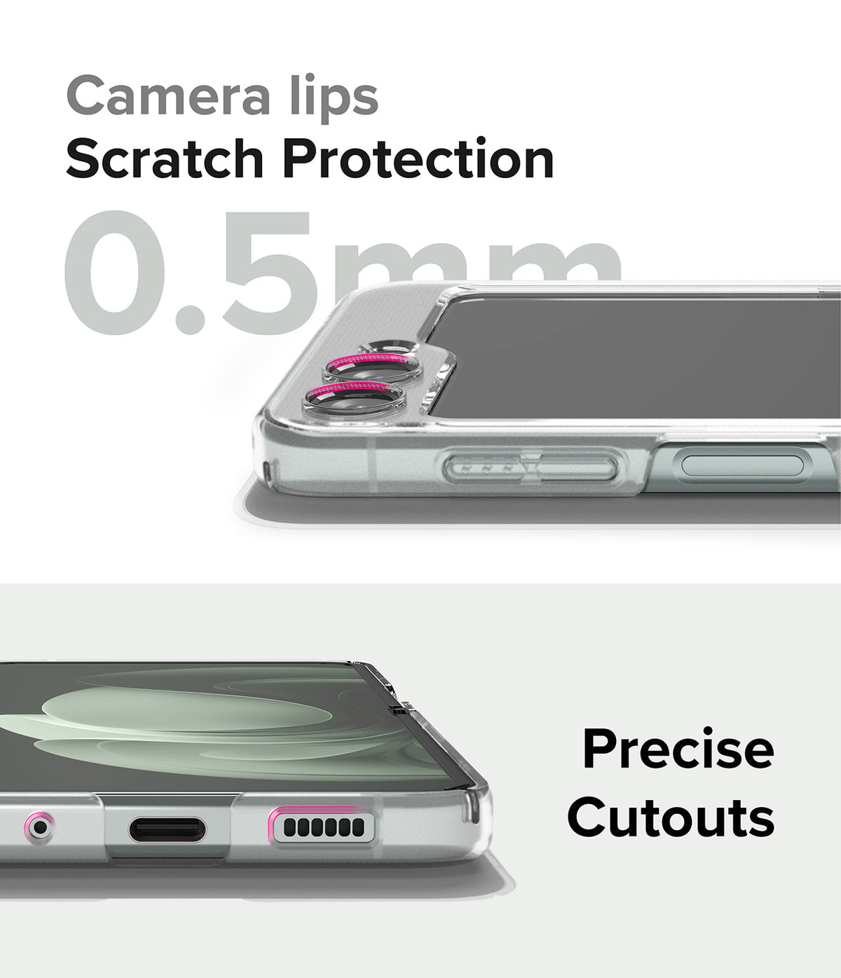 Galaxy Z Flip 5 Case | Slim - Close-ups of phone case showing 0.5mm raised camera lips and precise port cutouts.