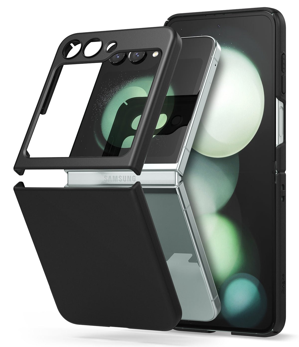 Galaxy Z Flip 5 Case | Slim - Exploded view of a black slim case fitting onto a silver Samsung Galaxy Z Flip 5 phone.