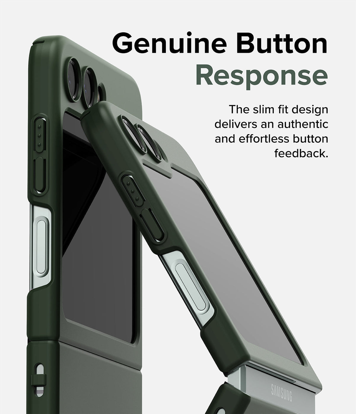 Galaxy Z Flip 5 Case | Slim Color - Two dark green phone cases shown at angles highlighting precise button cutouts.