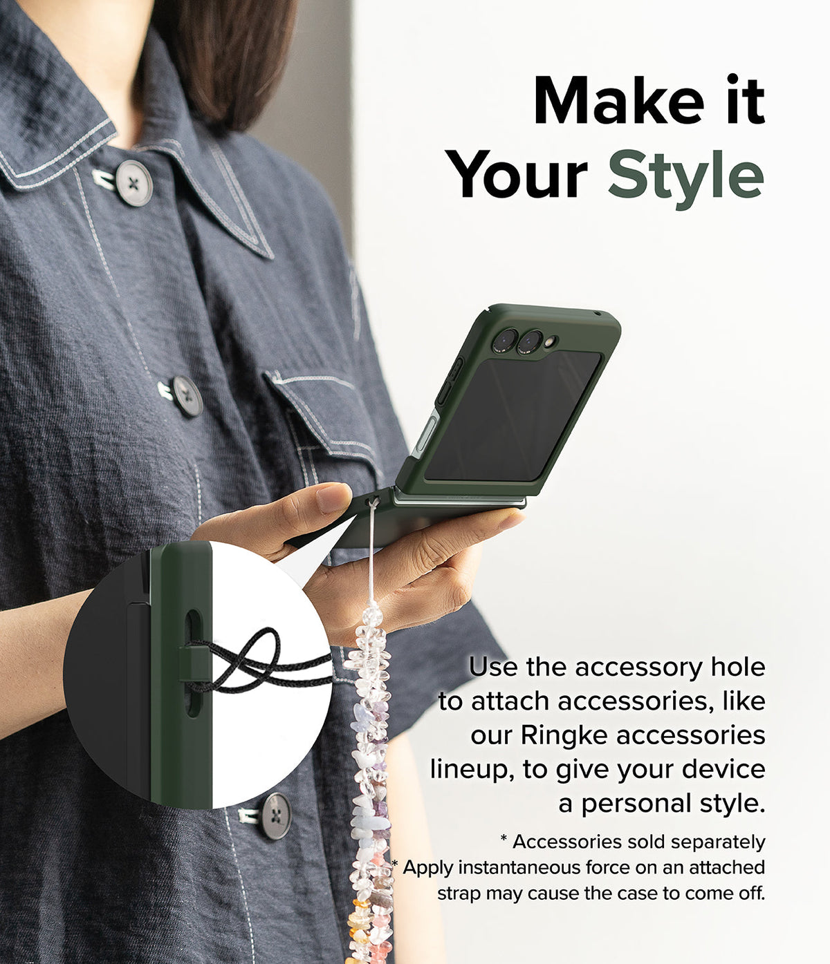 Galaxy Z Flip 5 Case | Slim Color - Person holding a green phone case with a beaded strap attached to the accessory hole.