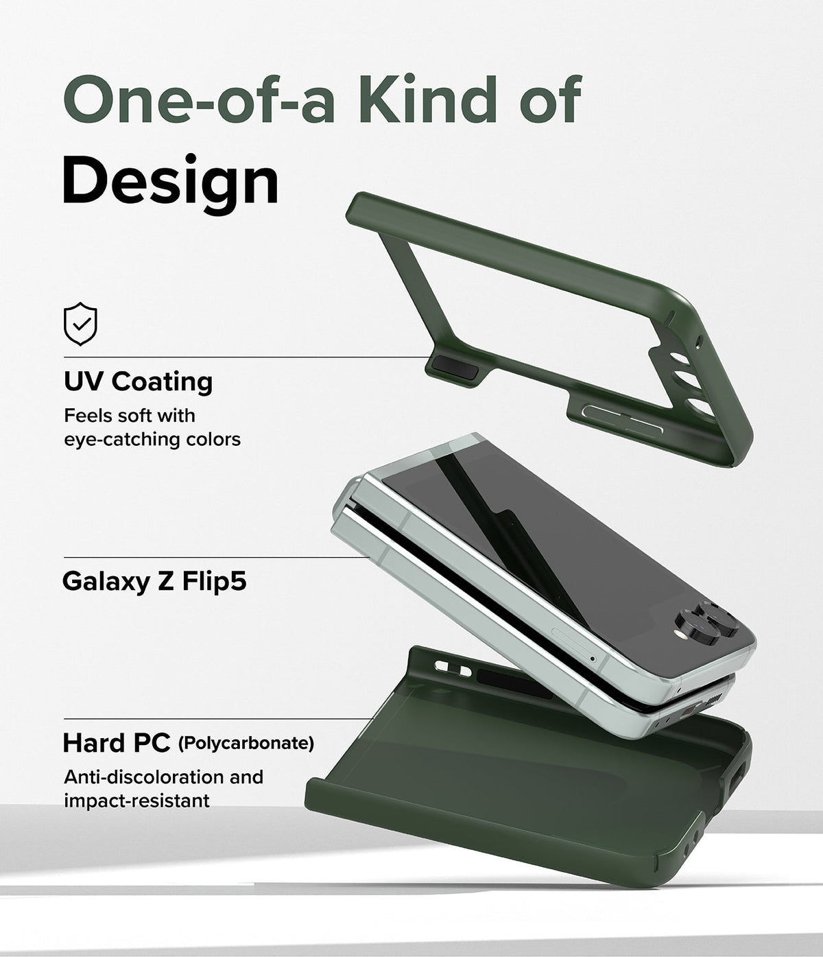 Galaxy Z Flip 5 Case | Slim Color - Exploded view of a Galaxy Z Flip 5 phone between two dark green protective case pieces.