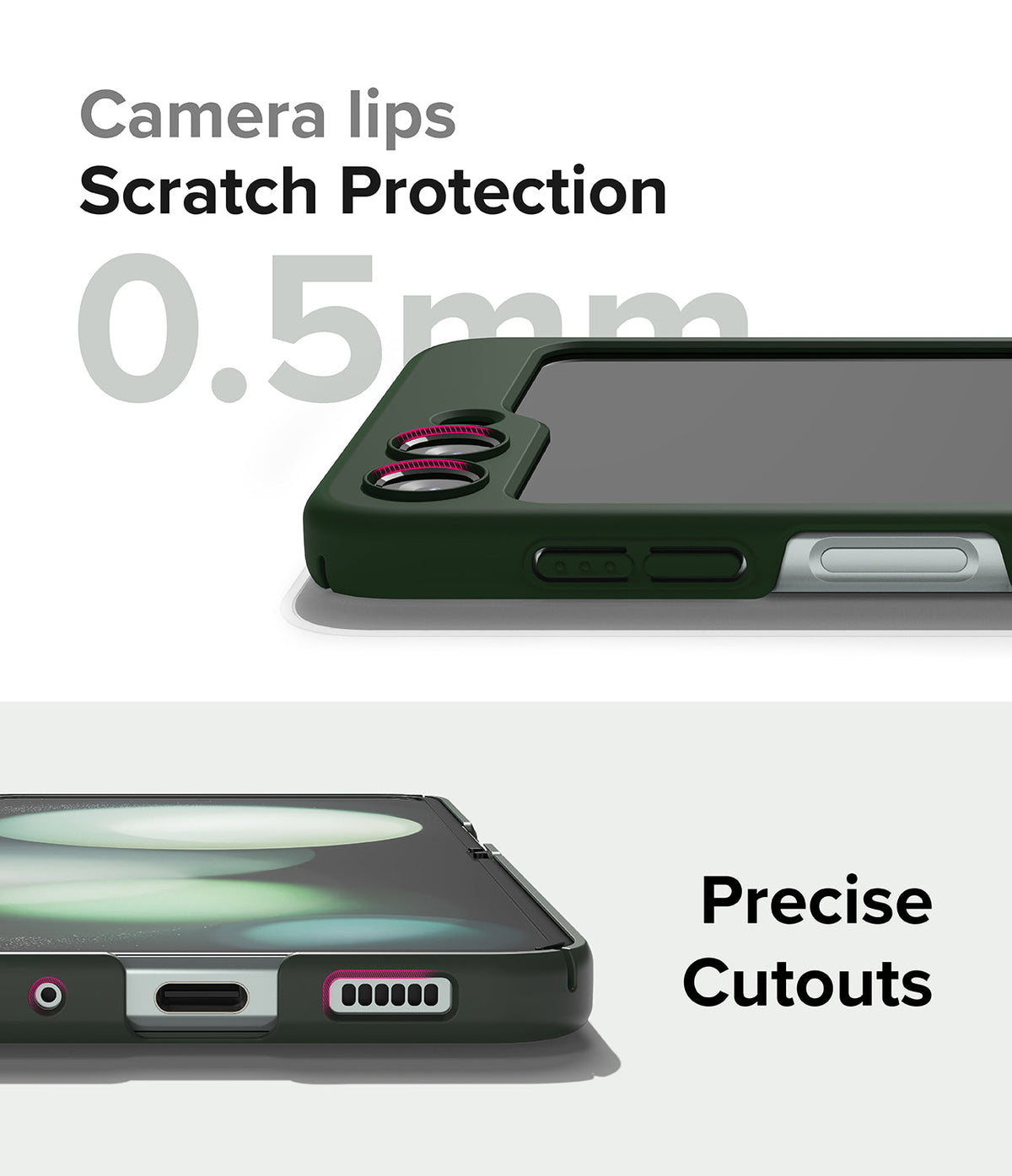 Galaxy Z Flip 5 Case | Slim Color - Dark green phone case showing 0.5mm camera protection and precise port cutouts.