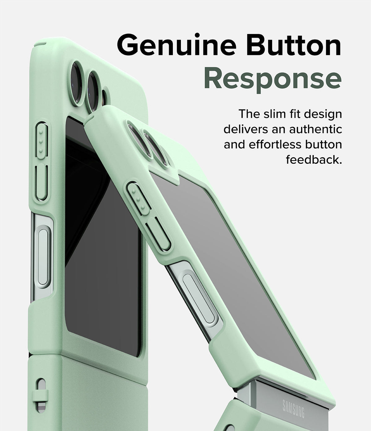 Galaxy Z Flip 5 Case | Slim Color - Mint green phone case on a Galaxy Z Flip 5 highlighting precise button cutouts.