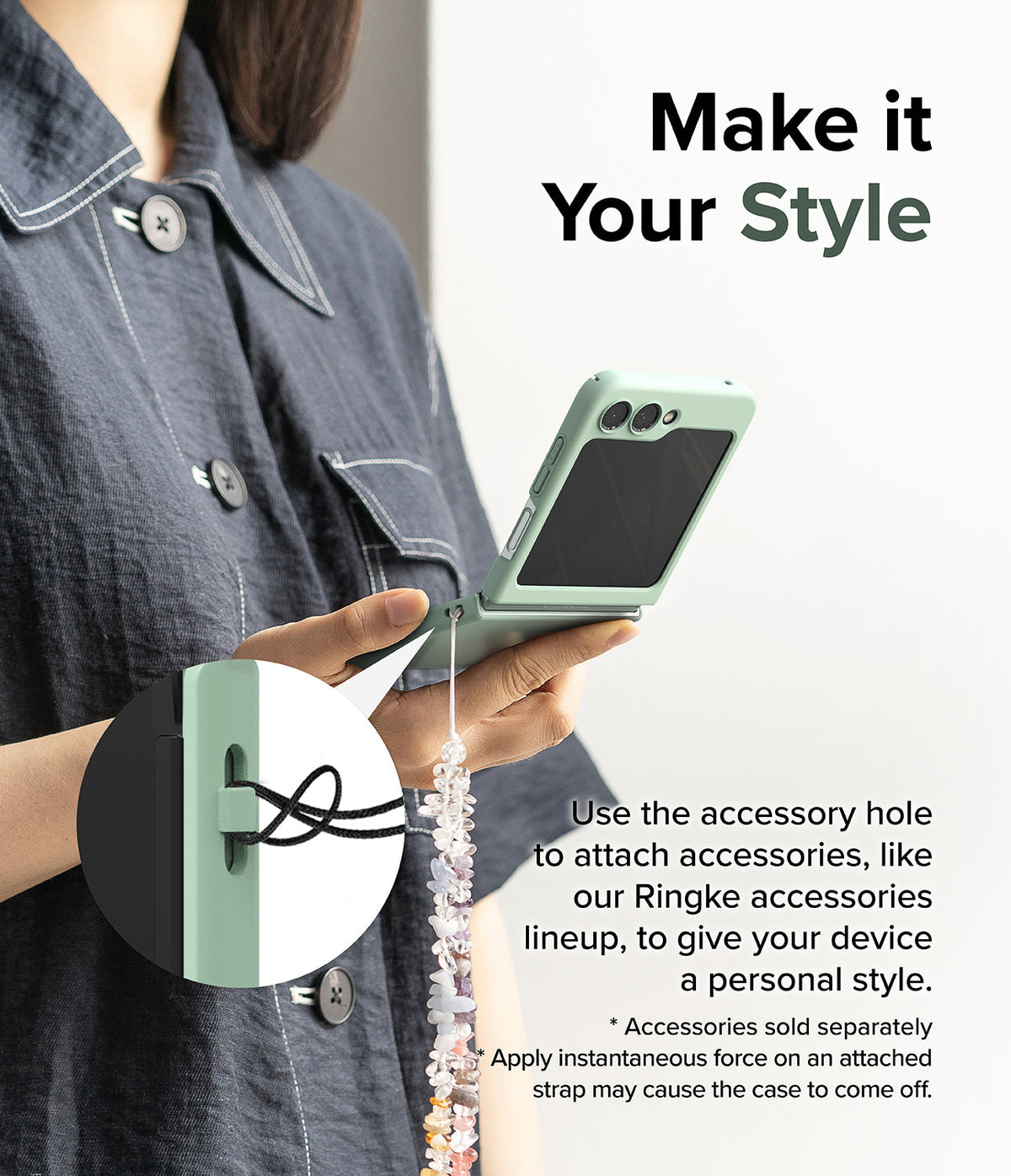 Galaxy Z Flip 5 Case | Slim Color - Person holding a mint green phone case with a beaded strap attached to the built-in accessory hole.