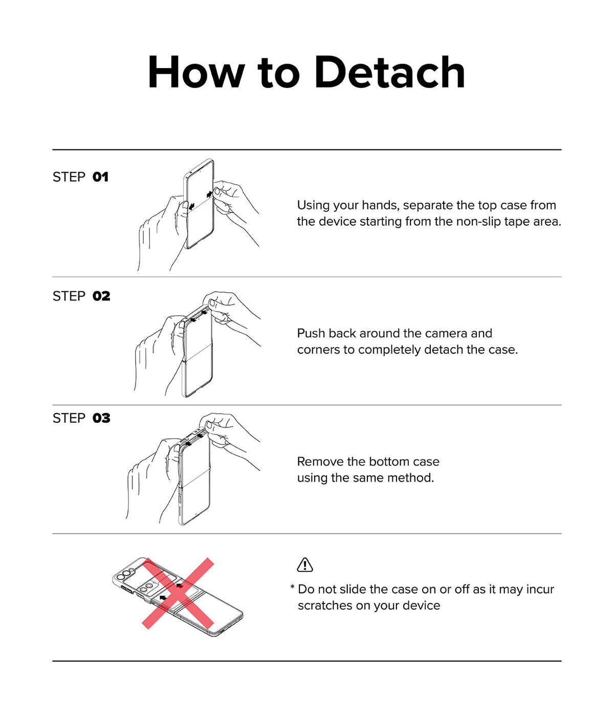 Galaxy Z Flip 5 Case | Slim Color - Three-step instructional diagram showing how to safely detach a phone case.