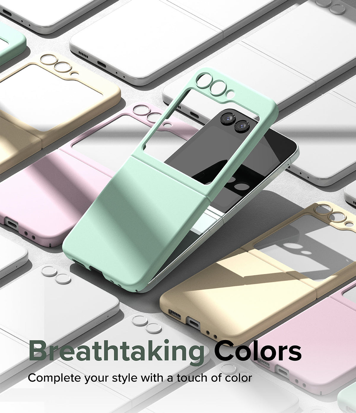 Galaxy Z Flip 5 Case | Slim Color - Mint green phone case on a Galaxy Z Flip 5 surrounded by pastel-colored cases.