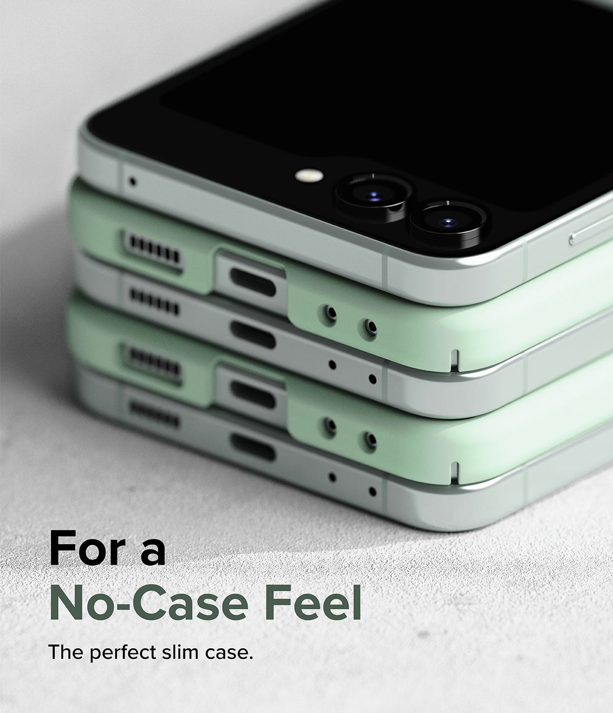 Galaxy Z Flip 5 Case | Slim Color - Three light green slim cases stacked vertically, showing precise port cutouts.
