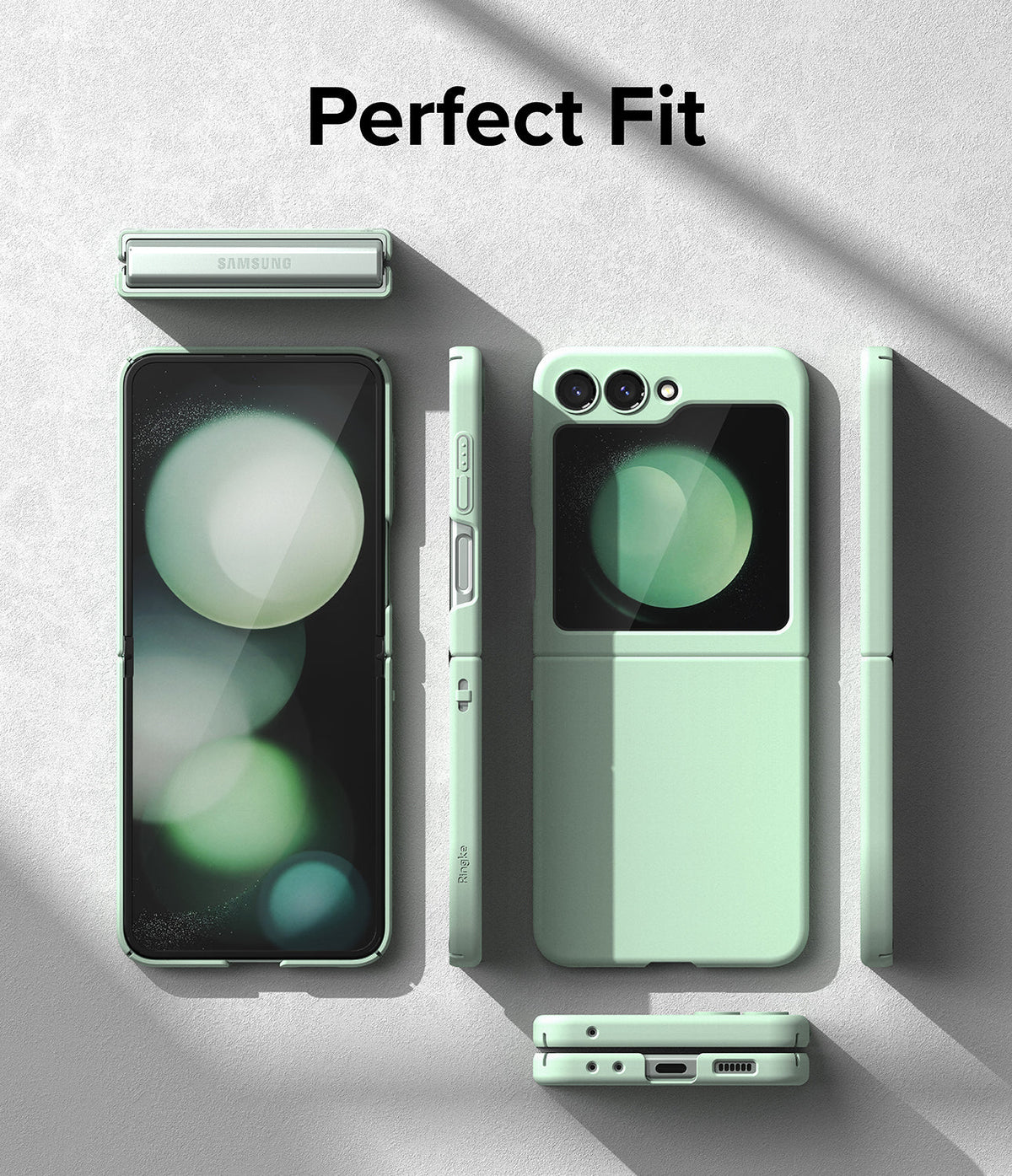 Galaxy Z Flip 5 Case | Slim Color - Mint green case on a Galaxy Z Flip 5 shown from multiple angles on a textured surface.