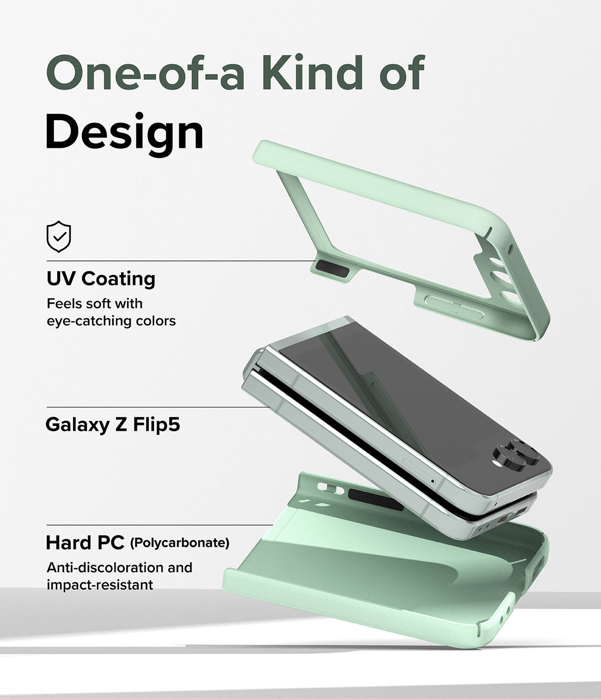 Galaxy Z Flip 5 Case | Slim Color - Exploded view of a mint green phone case surrounding a Galaxy Z Flip 5.
