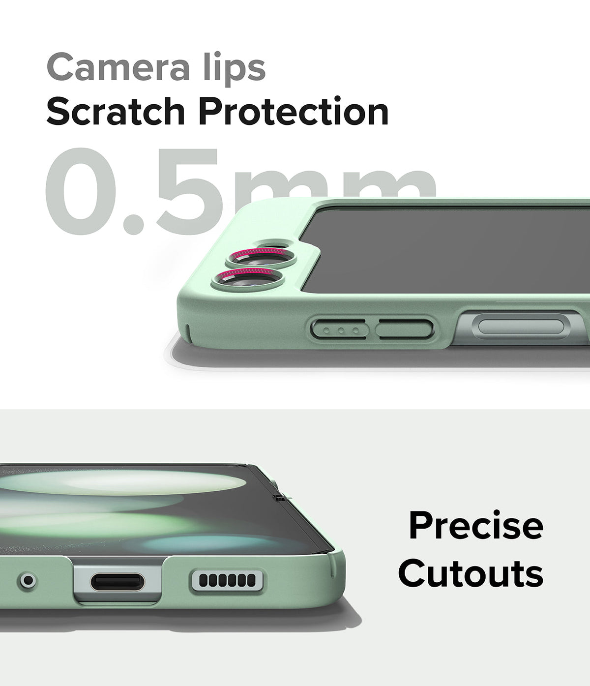 Galaxy Z Flip 5 Case | Slim Color - Mint green phone case showing 0.5mm camera protection lips and precise port cutouts.