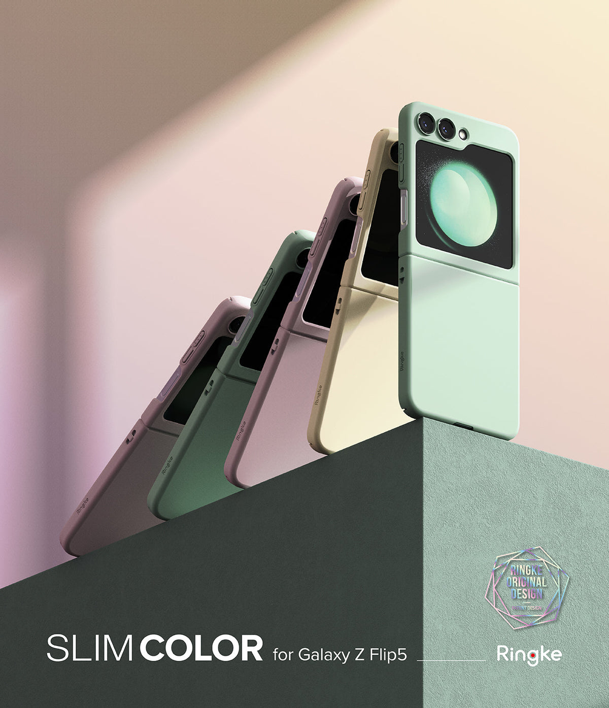 Galaxy Z Flip 5 Case | Slim Color - Four Galaxy Z Flip 5 phones in different pastel cases lined up on a geometric block.