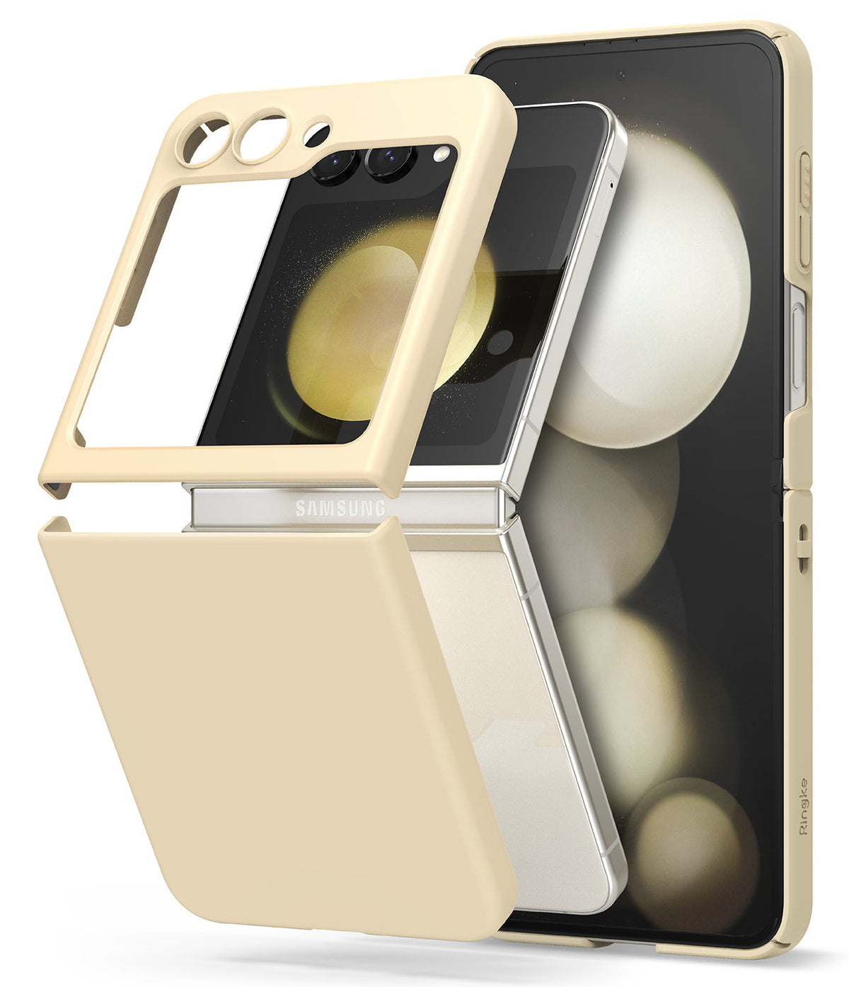 Galaxy Z Flip 5 Case | Slim Color - Cream-colored two-piece protective case detached from a Galaxy Z Flip 5 phone.
