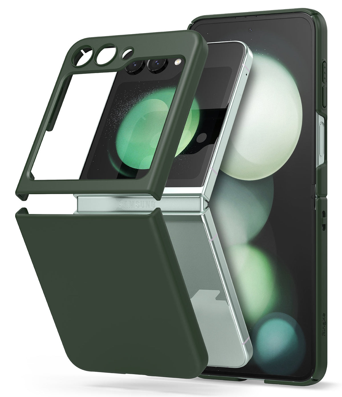 Galaxy Z Flip 5 Case | Slim Color - Dark green slim protective case pieces hovering over a Galaxy Z Flip 5 phone.
