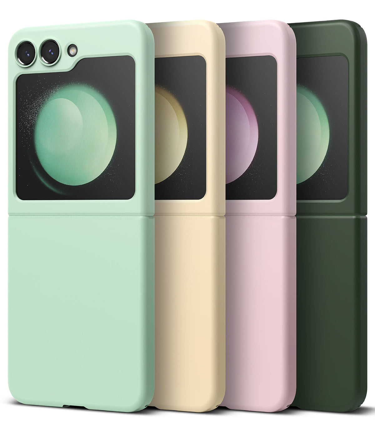 Galaxy Z Flip 5 Case | Slim Color - Four Galaxy Z Flip 5 phones in mint, cream, pink, and dark green cases lined up side by side.